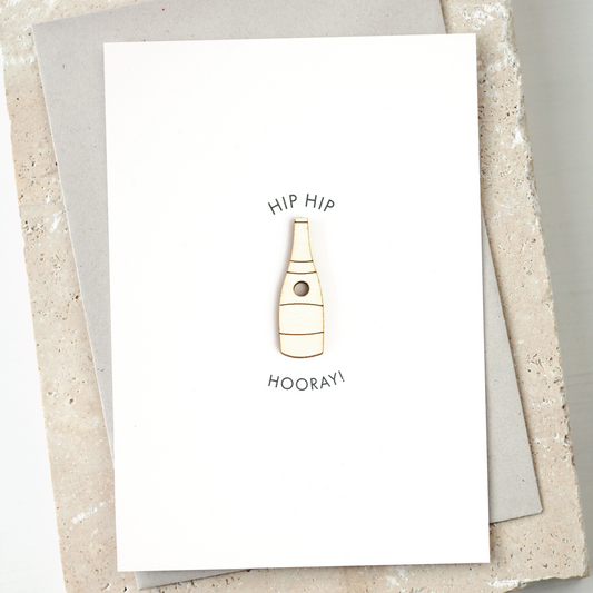 'Hip Hip Hooray' Card with Wooden Champagne Bottle Charm