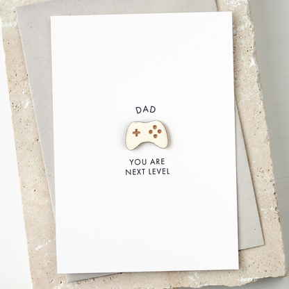 'Dad You Are Next Level' Card with Wooden Games Controller Charm