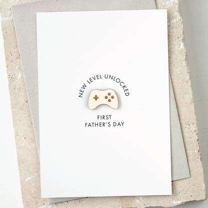 'New Level Unlocked, First Father’s Day' Card with Wooden Games Controller Charm