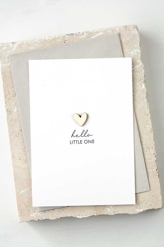 'Hello Little One' Card with Wooden Heart Charm