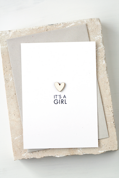 'Baby Girl' Card with Wooden Heart Charm