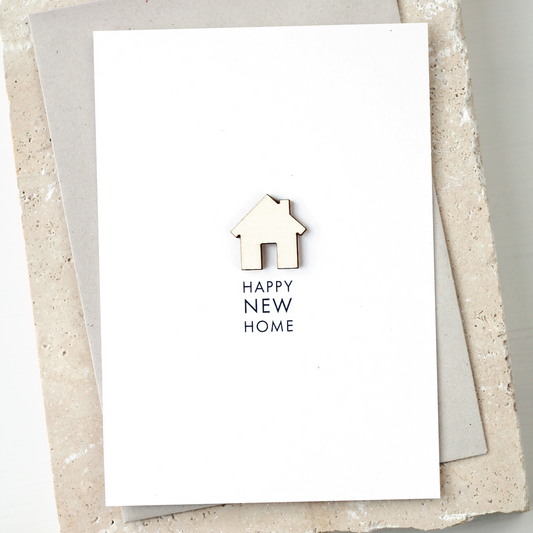 'Happy New Home' Card with Wooden House Charm