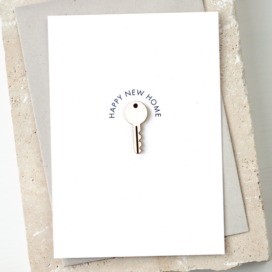 'Happy New Home' Card with Wooden Key Charm