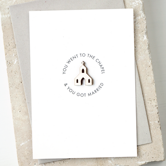 'You Went to the Chapel and You Got Married' Card with Wooden Church Charm