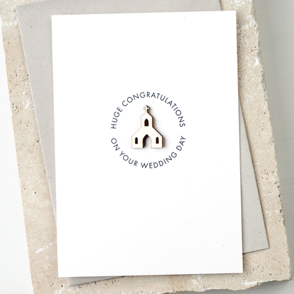 'Huge Congratulations on your Wedding Day' Card with Wooden Church Charm