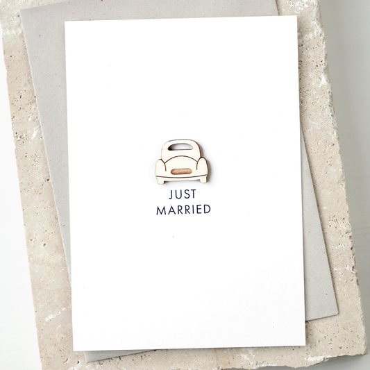 'Just Married' Card with Wooden Wedding Car Charm